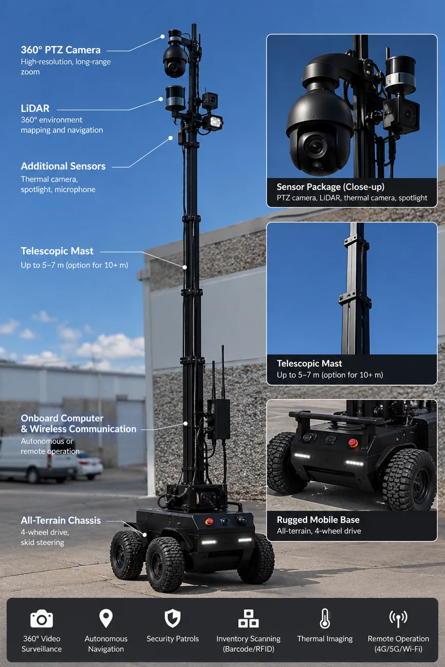 Illustrated ARM Robotics mobile telescopic mast surveillance platform